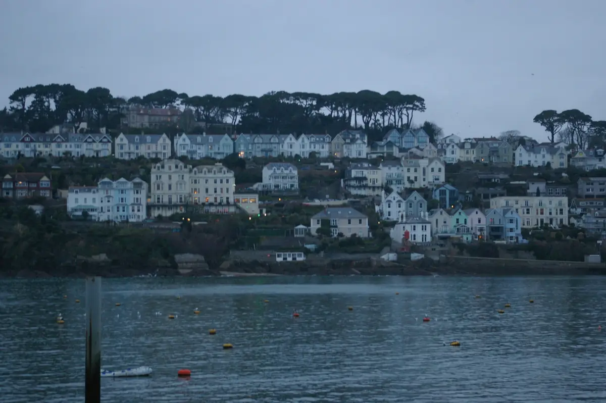 Fowey's waterfront houses seen across the estuary from Polruan