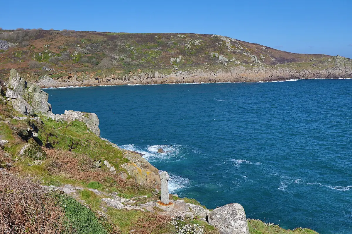 The blue sea and granite headland at Lamorna Cove