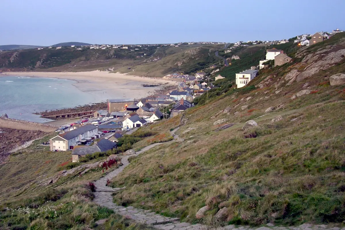 Sennen Cove village and beach from the coast path