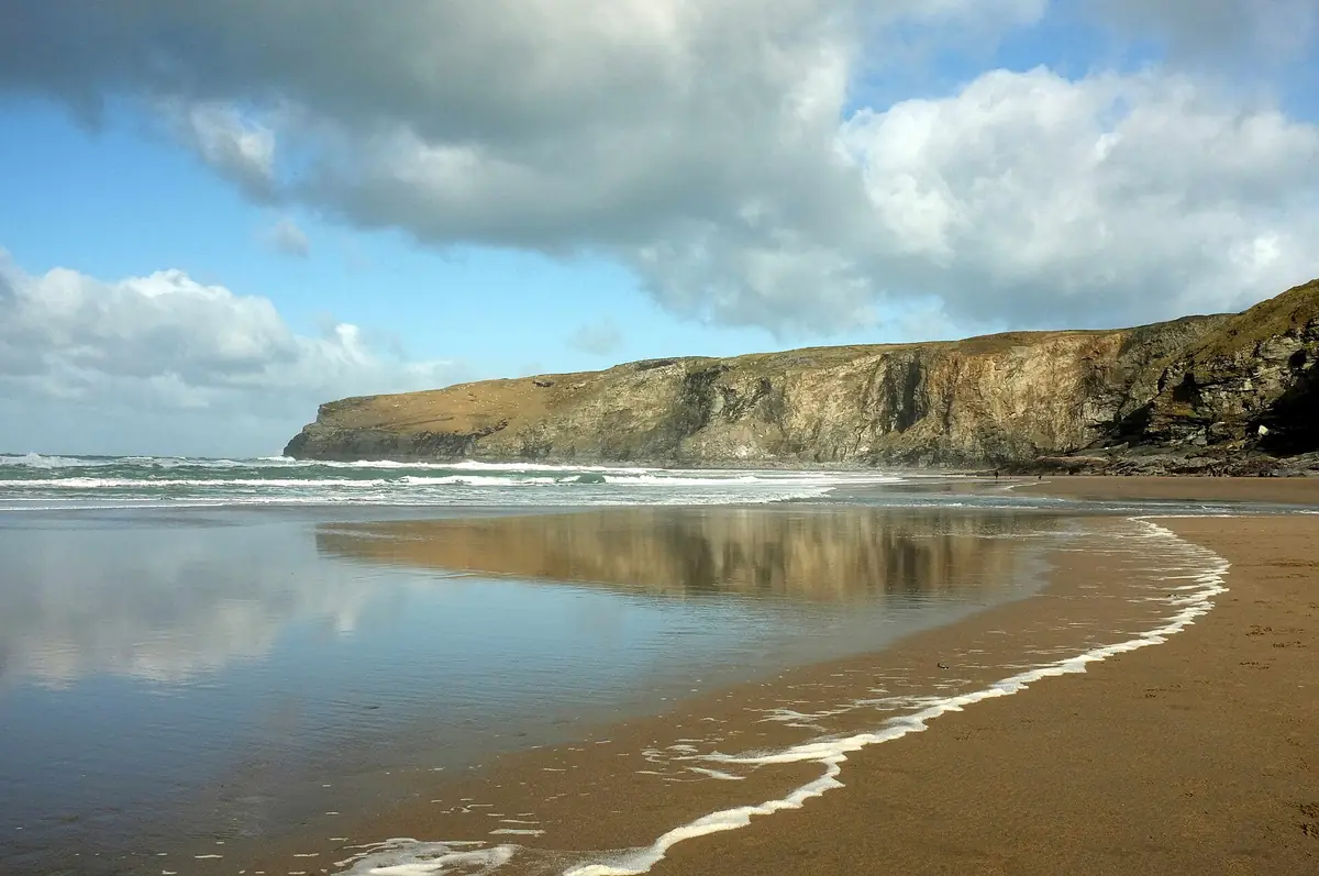 Trebarwith Strand beach and cliffs at low tide